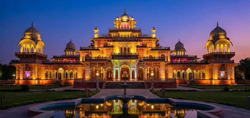 Illuminated Albert Hall Museum in Jaipur at dusk