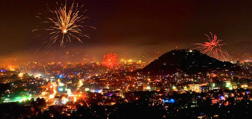 Colorful fireworks lighting up the night sky over a brightly illuminated city skyline