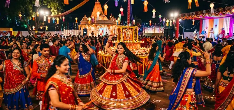Crowd celebrating a traditional festive dance event with women in colorful attire