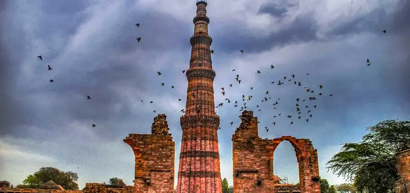 Flock of birds flying around the historic Qutub Minar tower under a cloudy sky