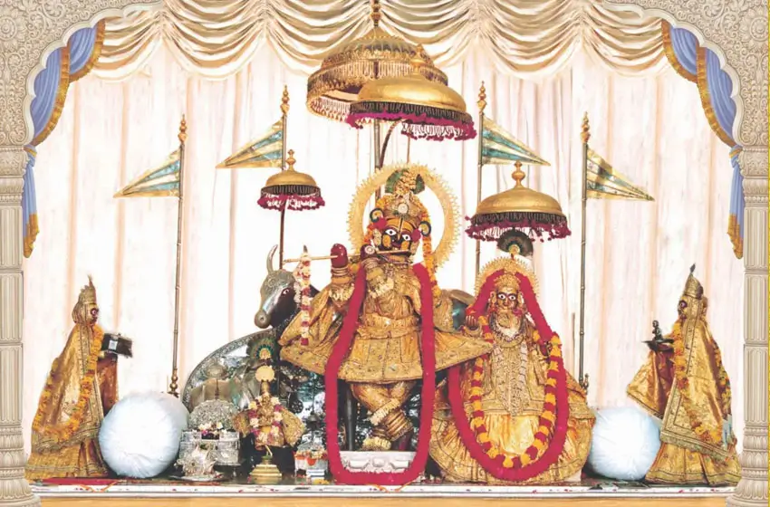 Sacred idol of Govind Dev Ji adorned with flowers and traditional decorations in Jaipur